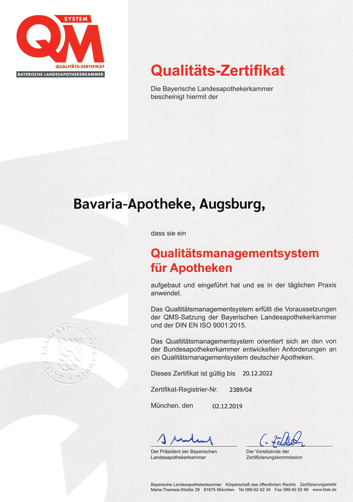 QMS Zertifikat Bavaria Apotheke Augsburg